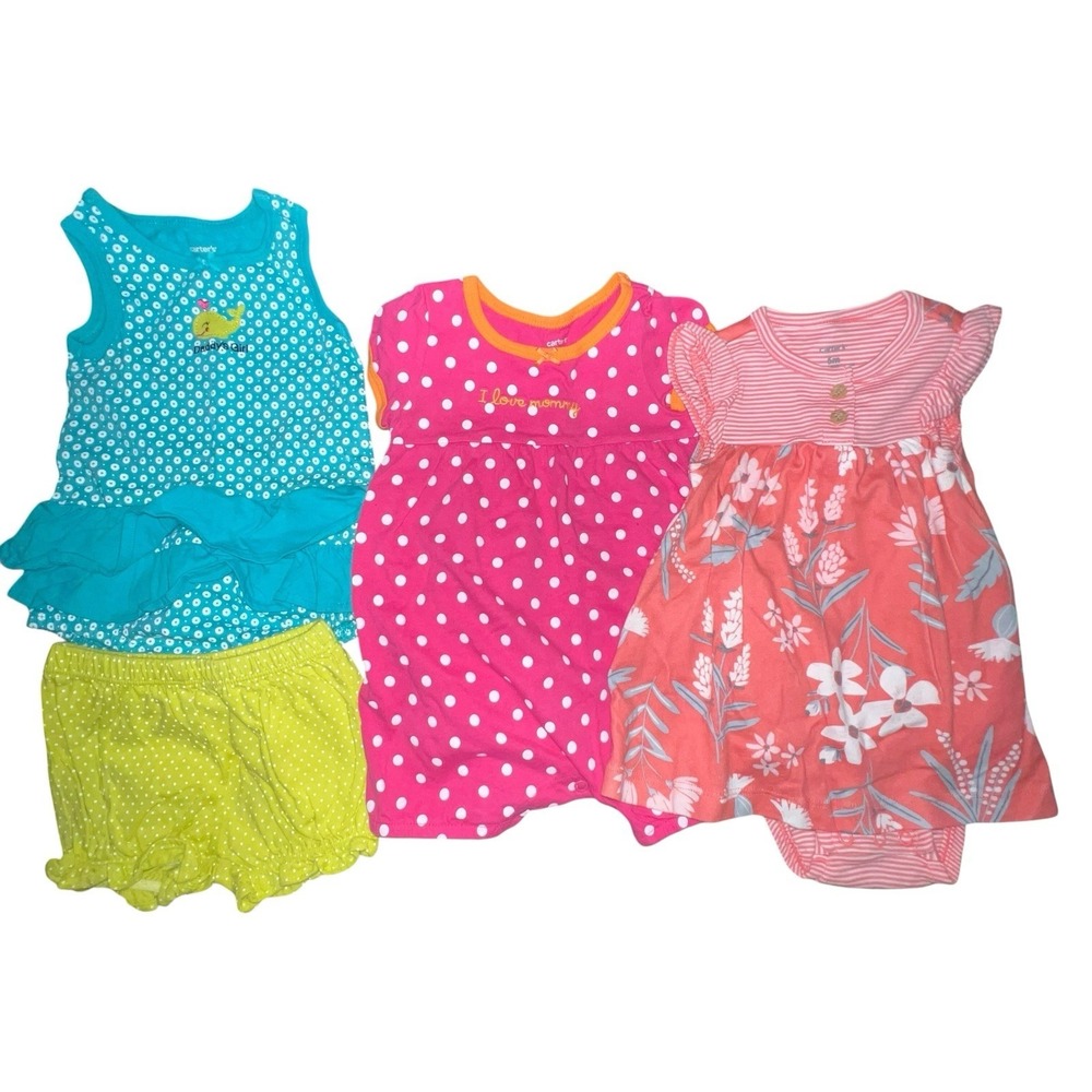 Carters Bundle Of 3 Girls Baby Outfits Sets‎ Rompers 6M Floral Polka Dots Whale